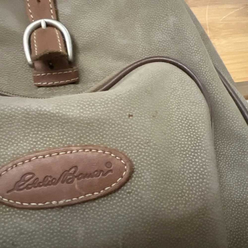 Classic Eddie Bauer vtg Leather Backpack Brown Tan Green Rucksack
